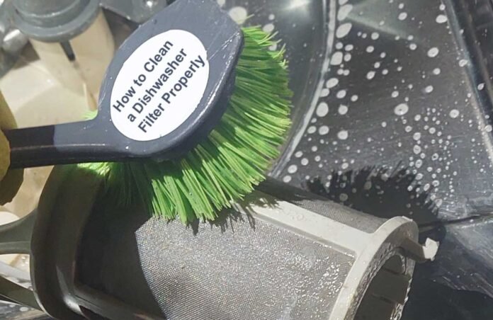 cleaning a dishwasher filter with brush and gloves – how to clean a dishwasher filter properly