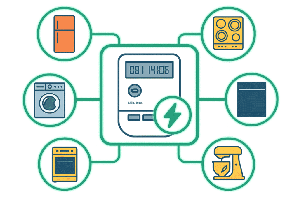 Energy-efficient kitchen appliances 2025 infographic showing energy meter connected to refrigerator, oven, cooktop, washing machine, dishwasher, and stand mixer with green efficiency lines.