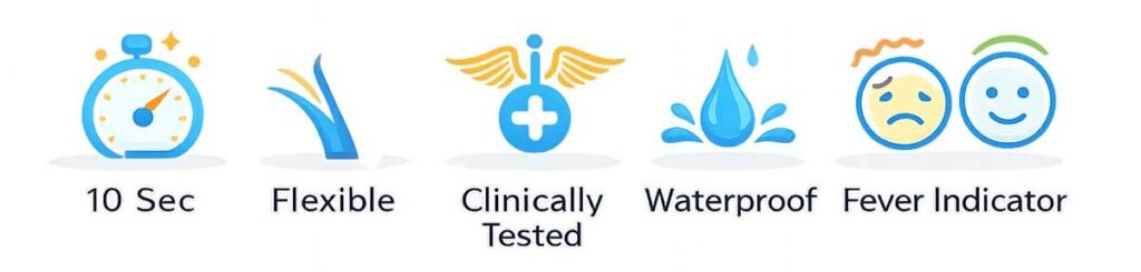 icons showing key digital thermometer features including 10 second reading, flexibility, clinical testing, waterproof design, and fever indicator