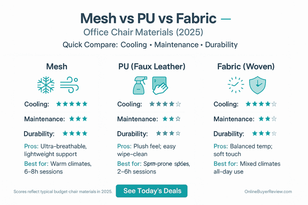 mesh vs PU vs fabric office chairs comparison: cooling, maintenance, durability infographic