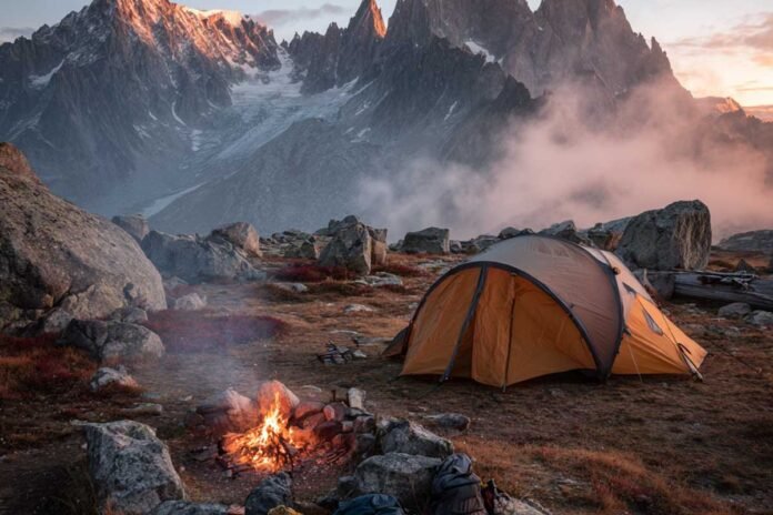 Mountain camping gear setup with tent and backpack at sunrise