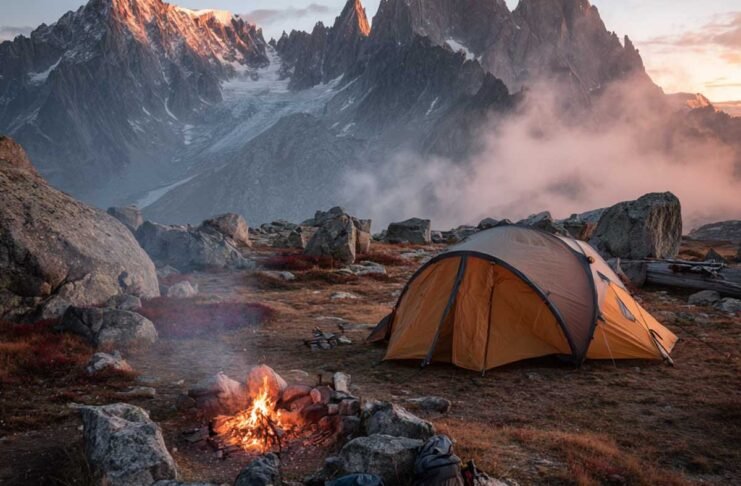 Mountain camping gear setup with tent and backpack at sunrise