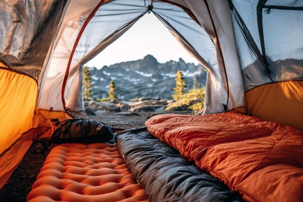 Warm sleeping bag and sleeping pad inside mountain tent
