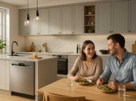 Quietest dishwashers 2025 in a modern open-plan kitchen with a couple dining peacefully