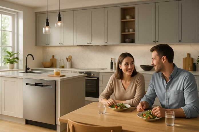 Quietest dishwashers 2025 in a modern open-plan kitchen with a couple dining peacefully