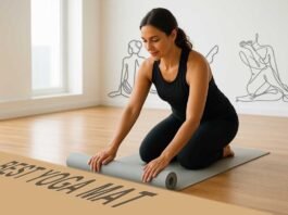 Woman unrolling a premium yoga mat in a bright studio with natural light