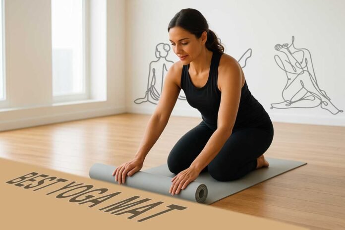 Woman unrolling a premium yoga mat in a bright studio with natural light