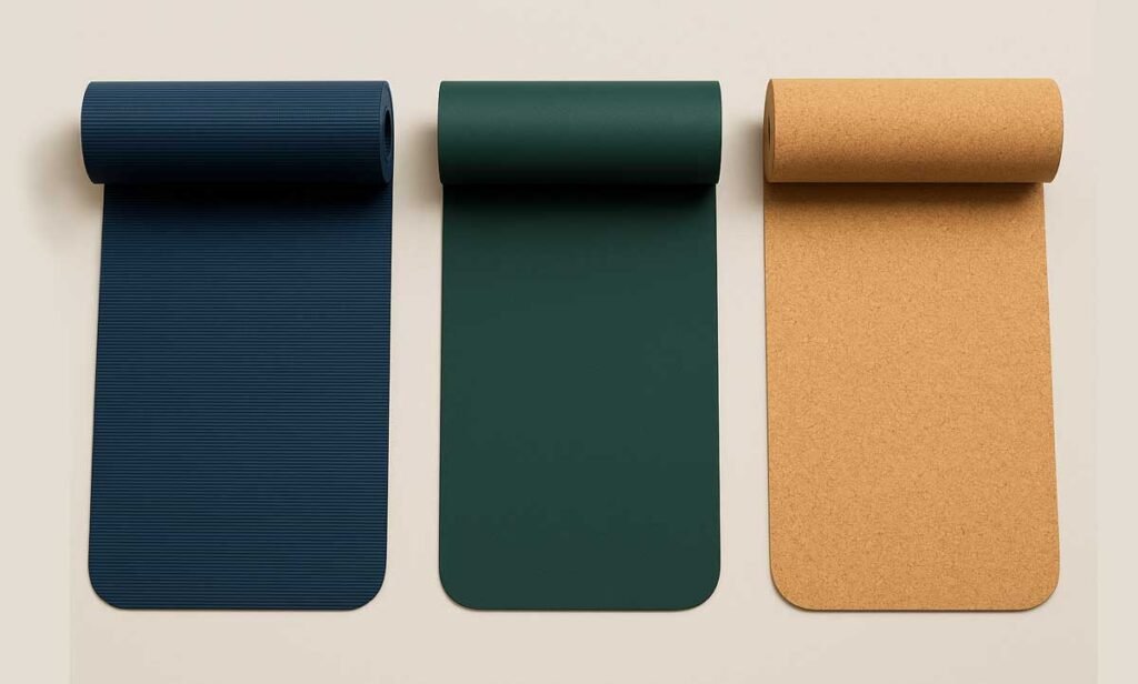 A Guide to Yoga Mats - Different yoga mat materials including PVC, natural rubber, and cork