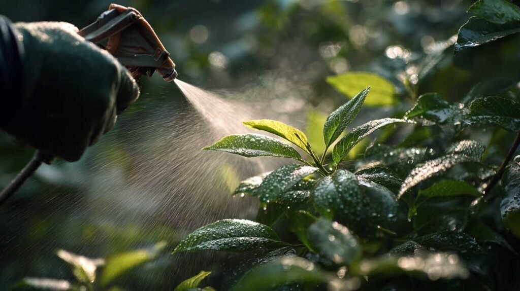 spraying neem oil on garden plant for natural pest control