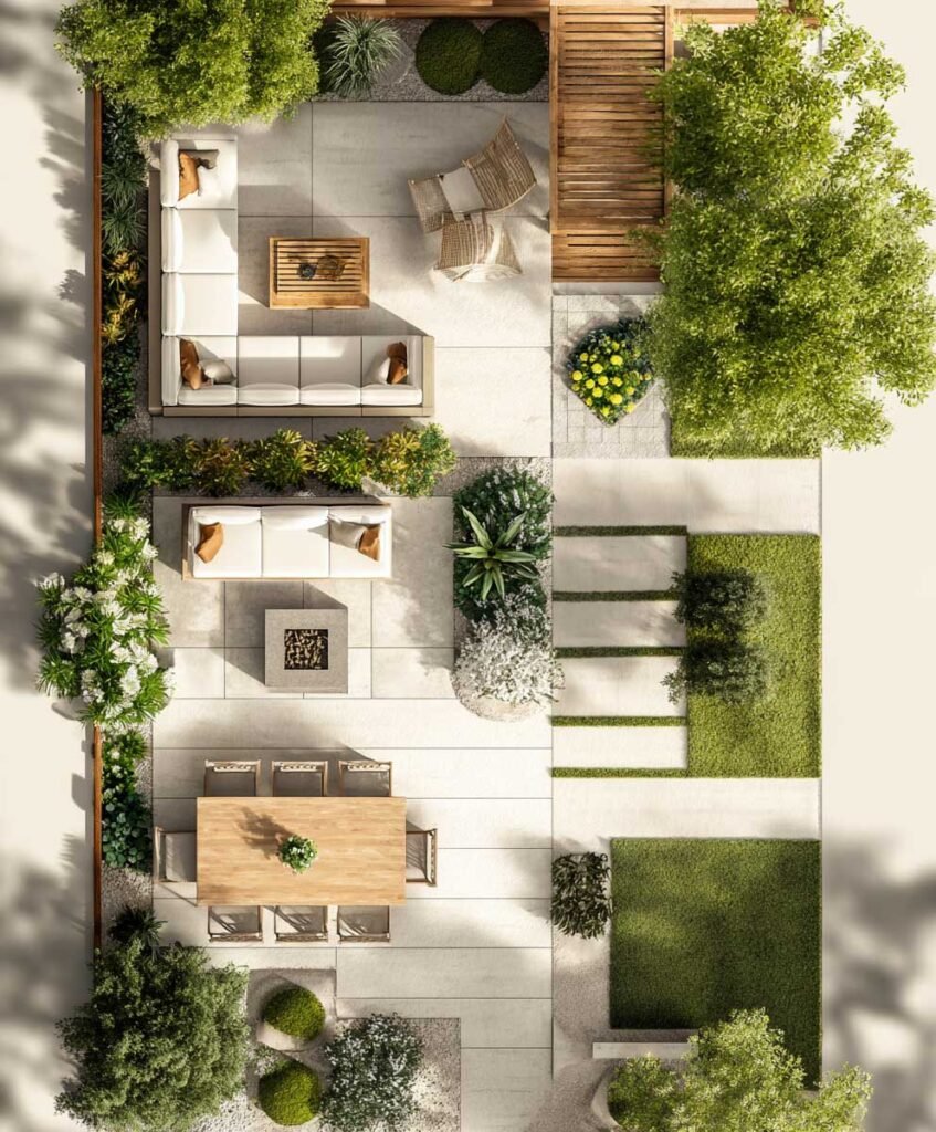 backyard comfort zones layout including seating dining and relaxation areas