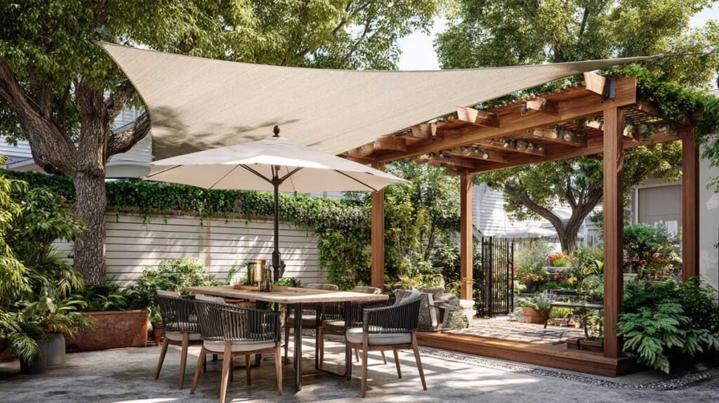 backyard shade solutions including umbrella pergola and shade sail