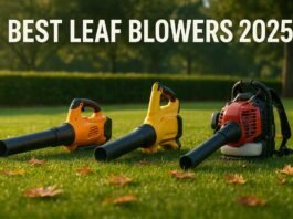 electric battery and gas leaf blowers on lawn for 2025 comparison