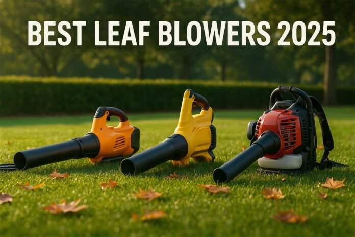 electric battery and gas leaf blowers on lawn for 2025 comparison