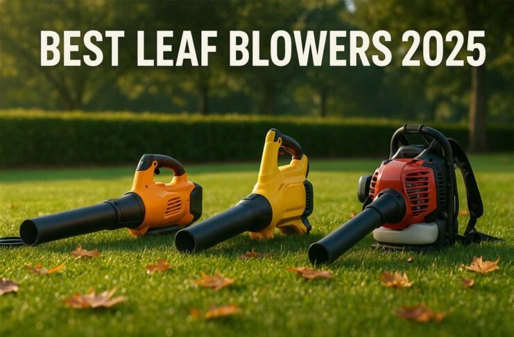electric battery and gas leaf blowers on lawn for 2025 comparison