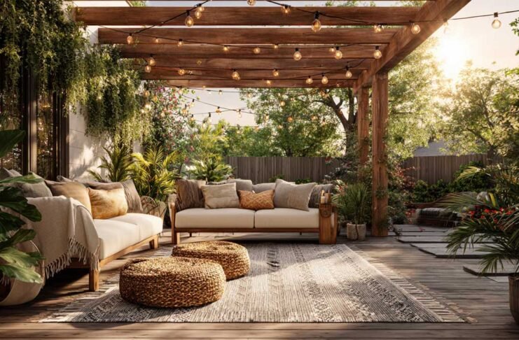 comfortable outdoor space with cozy seating, lighting and shade in backyard
