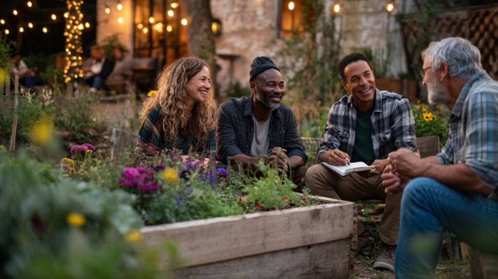 homeowners sharing garden ideas in friendly outdoor setting