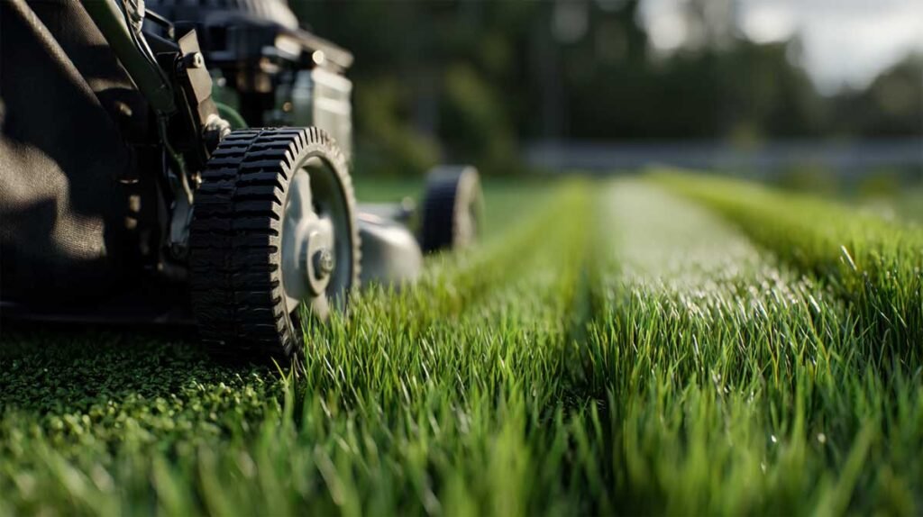 correct mowing height demonstration with mower cutting grass evenly