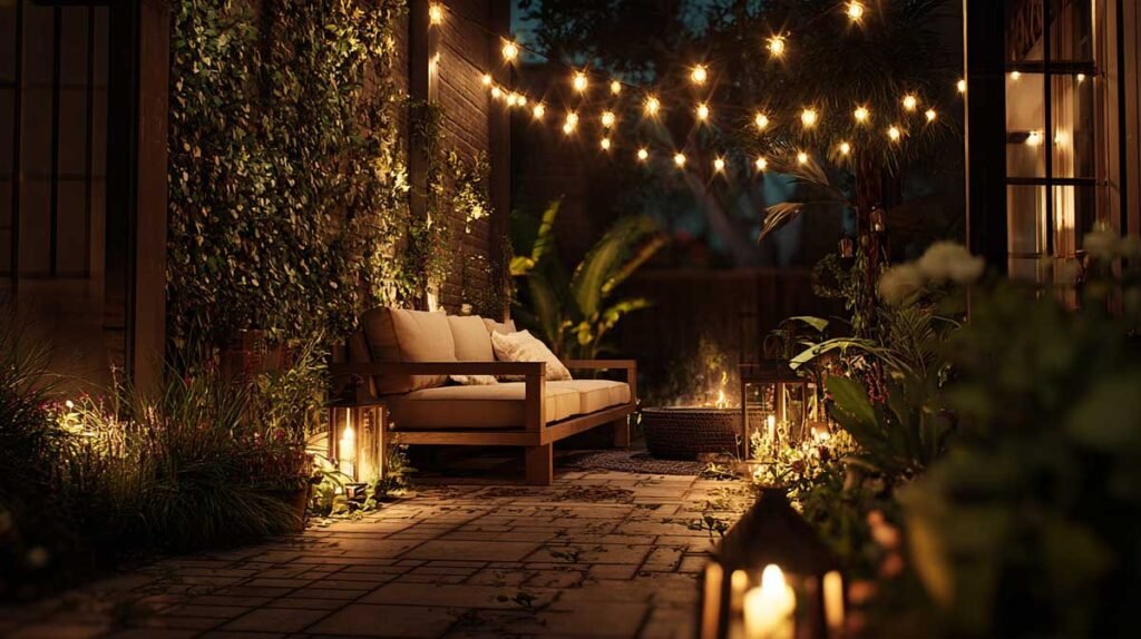  Comfortable Outdoor Space cozy backyard with string lights and warm LED lighting at night