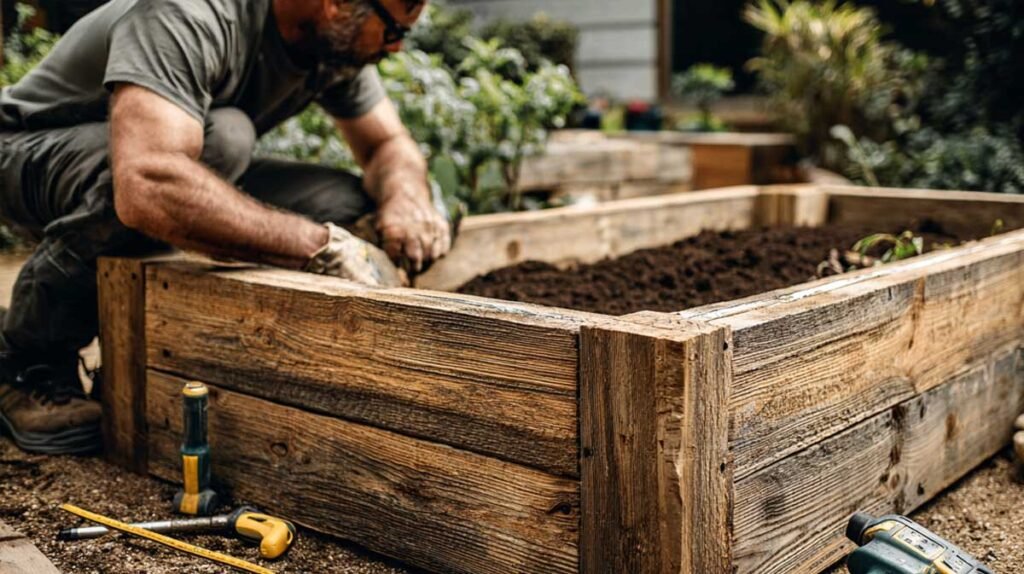 homeowner gardening and landscaping raised bed project