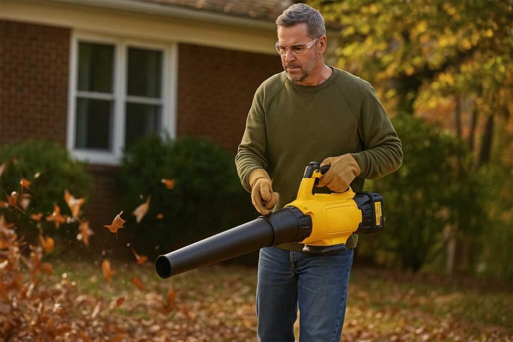 homeowner blowing fall leaves during seasonal cleanup