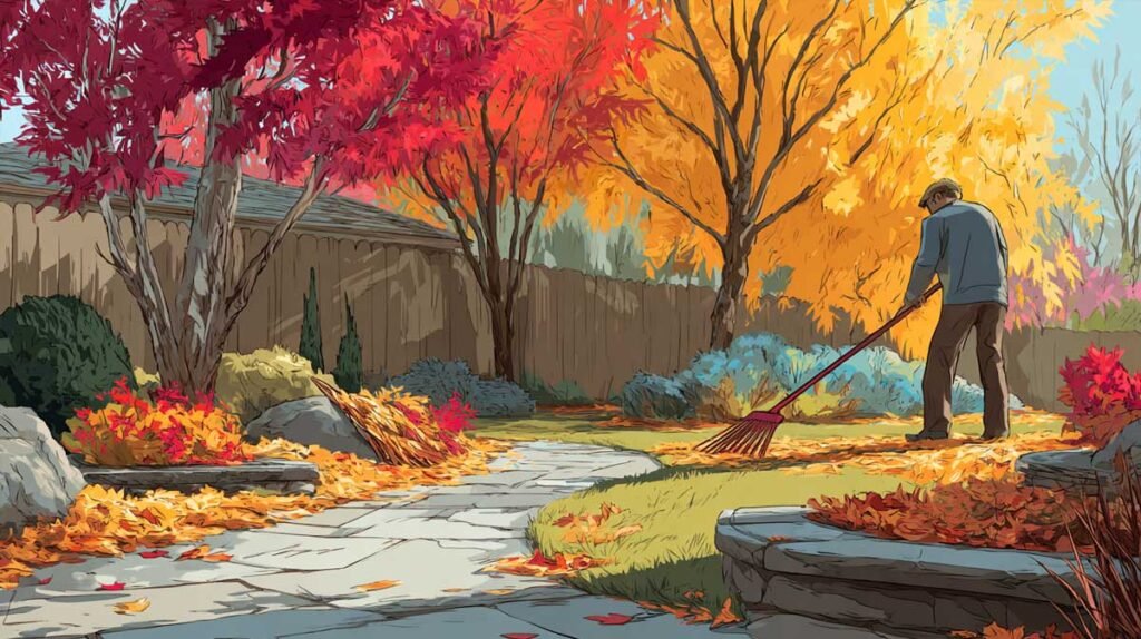homeowner raking fall leaves in a landscaped yard