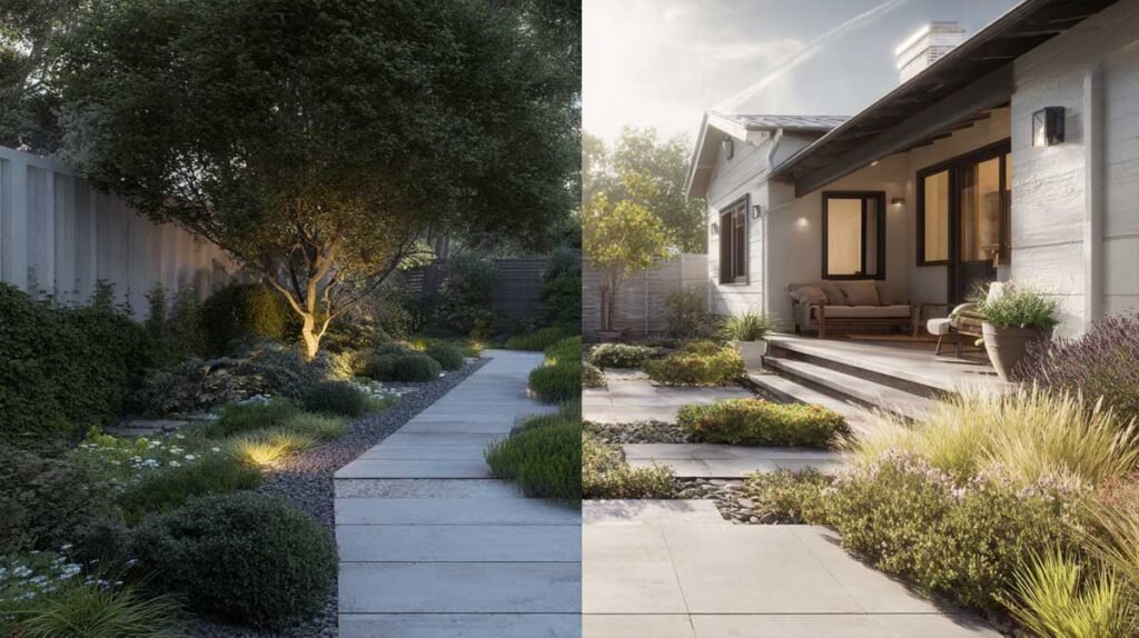 split scene showing front yard curb appeal and cozy backyard