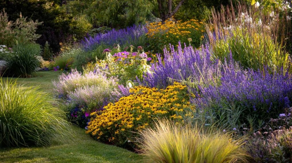 garden bed with colorful flowers, textured plants, layered heights