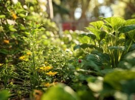 natural garden pest control with healthy green plants and organic tools