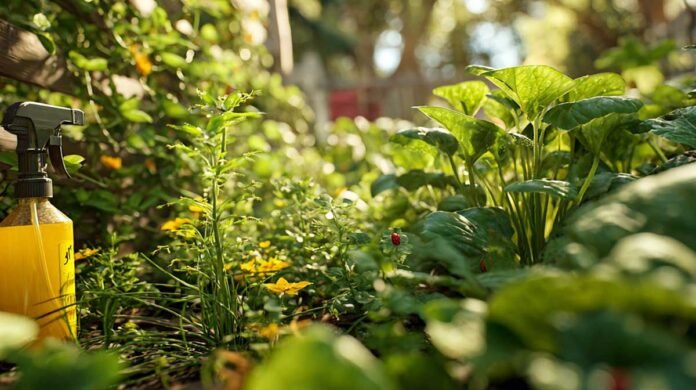 natural garden pest control with healthy green plants and organic tools