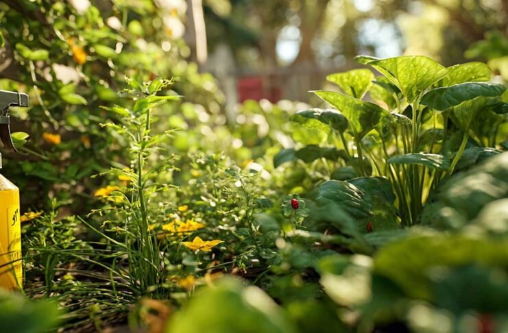 natural garden pest control with healthy green plants and organic tools