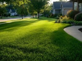 The Complete Lawn Care Guide (Healthy Green Lawn All Year) healthy green lawn all year in a suburban backyard, lush vibrant grass