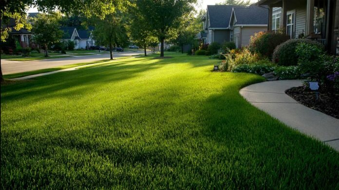 healthy green lawn all year in a suburban backyard, lush vibrant grass