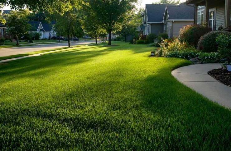 healthy green lawn all year in a suburban backyard, lush vibrant grass