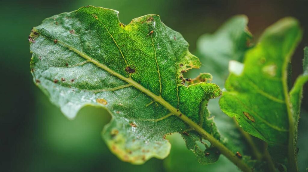 close-up leaf pest damage showing holes curling and pest signs