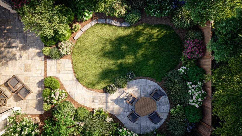 aerial view of a well-planned backyard with zones, pathways, and beds