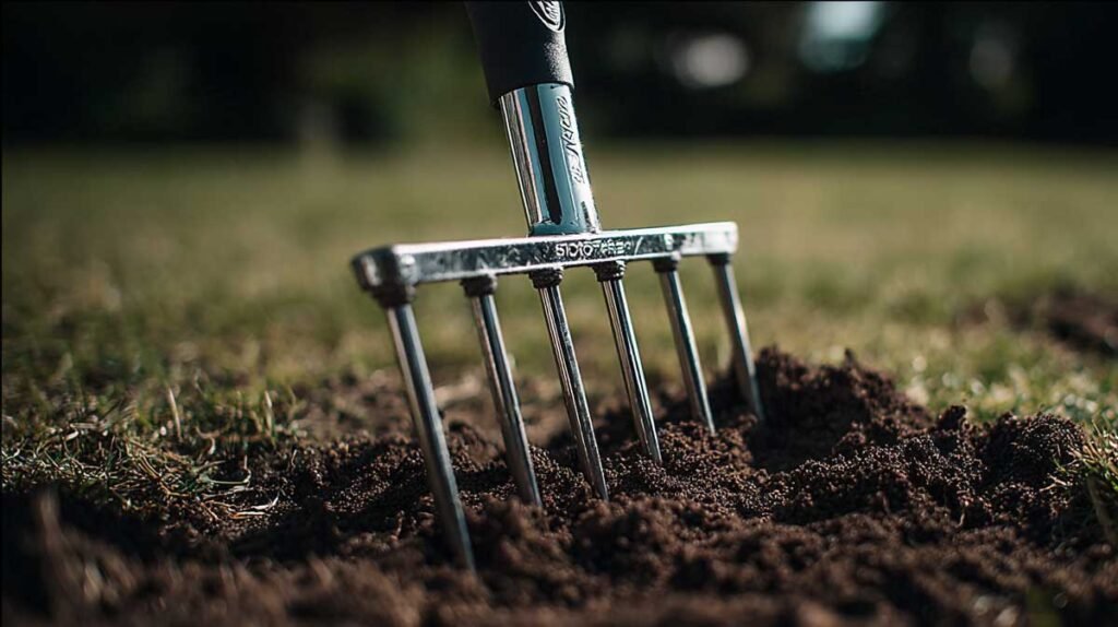 lawn aeration tool pulling soil plugs for better water absorption