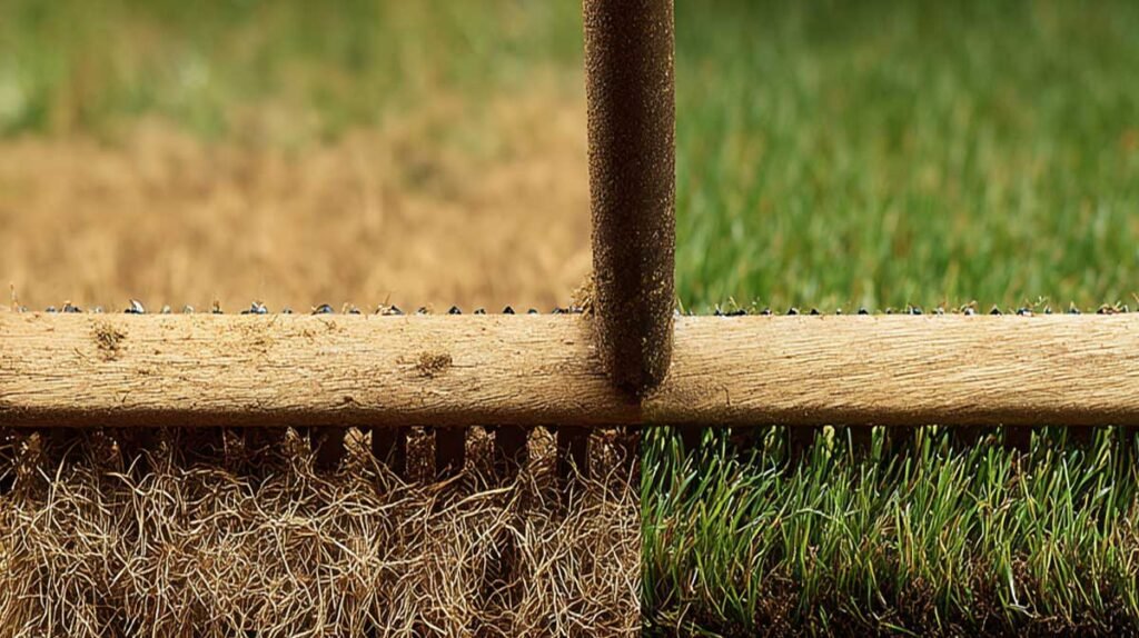 before and after dethatching showing removal of thick brown thatch layer