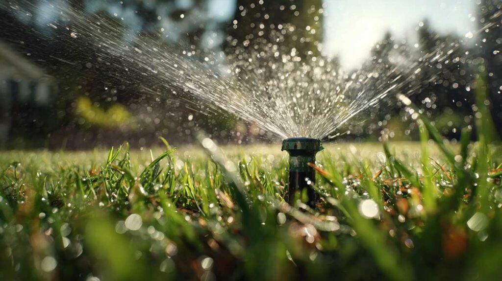 oscillating sprinkler watering a green lawn with water droplets mid-air