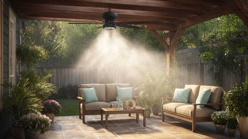 outdoor fan and misting system cooling a backyard seating area