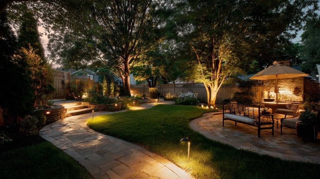 backyard pathway and plants illuminated by warm garden lighting