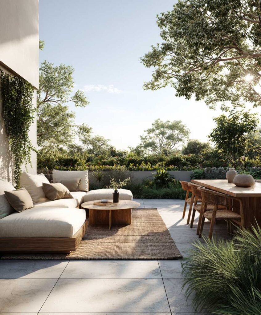 outdoor lounge seating and dining seating comparison in backyard setup