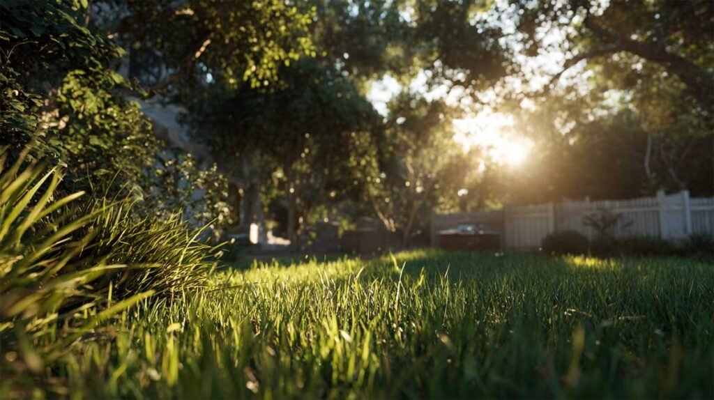 perfect green summer lawn glowing in golden hour sunlight