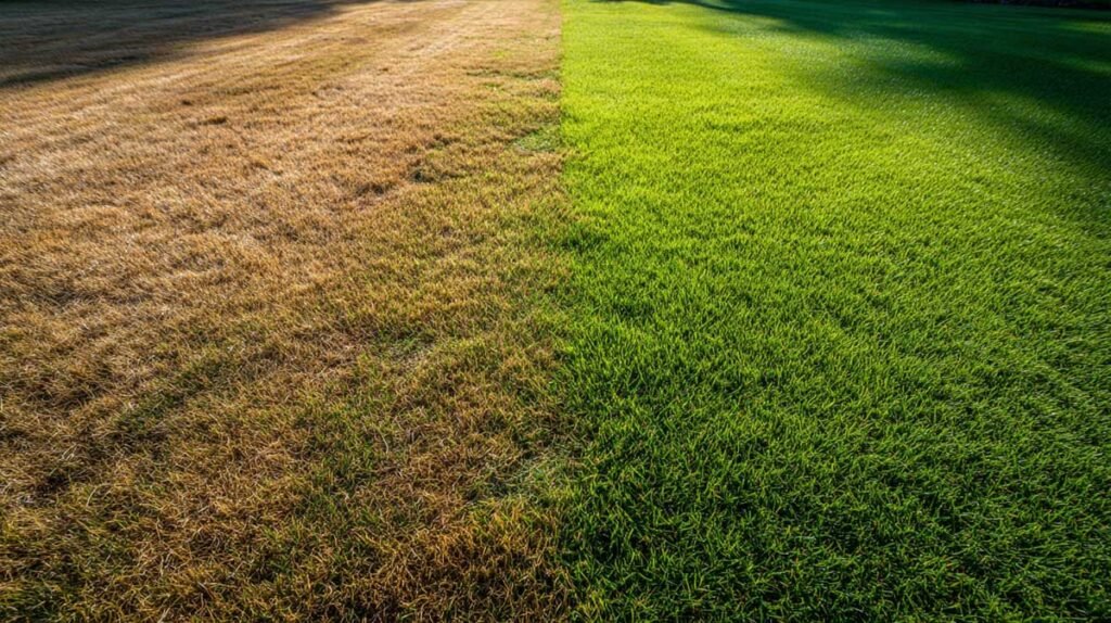 dead brown lawn transitioning into lush green healthy grass