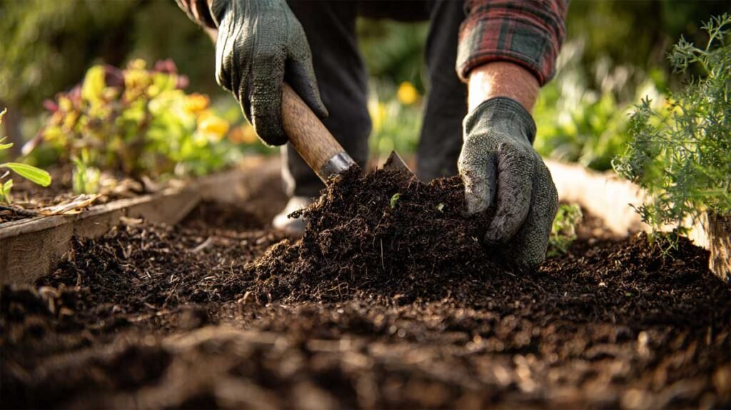 close-up of gardener improving soil with compost and trowel