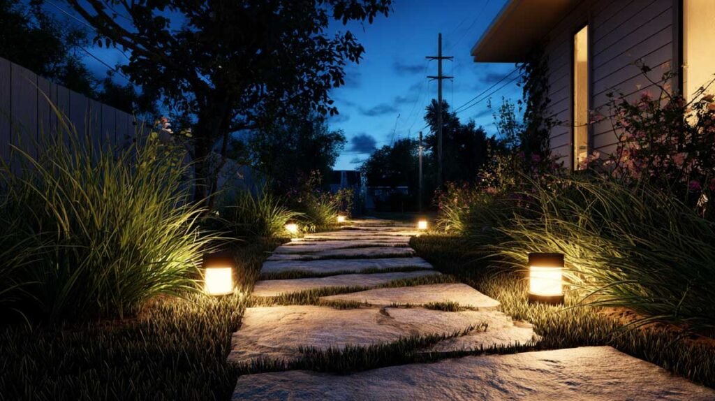 solar path lights illuminating a backyard walkway in the evening