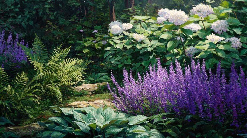 garden showing sunny plants on one side and shade plants on the other