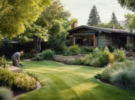 homeowner working in a well-designed backyard garden with raised beds, mulch, shrubs, and lawn
