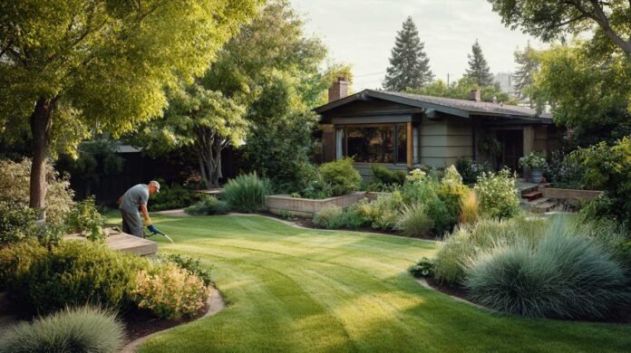homeowner working in a well-designed backyard garden with raised beds, mulch, shrubs, and lawn