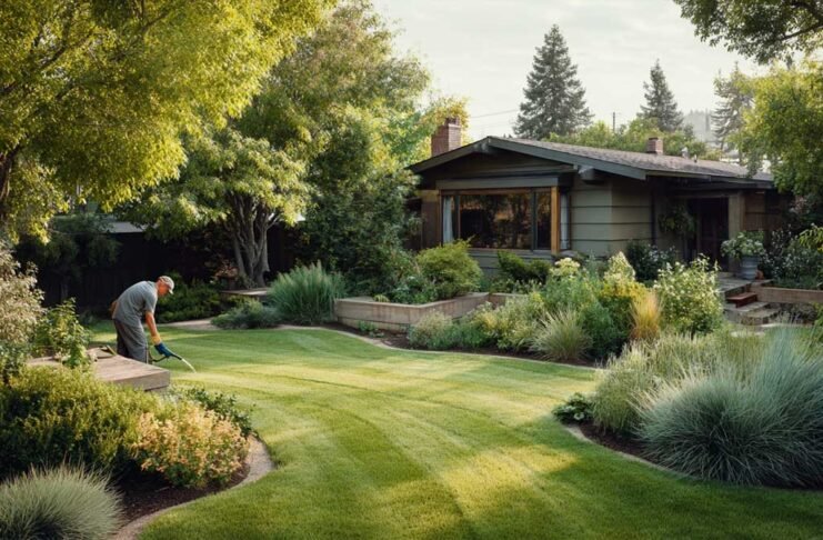 homeowner working in a well-designed backyard garden with raised beds, mulch, shrubs, and lawn