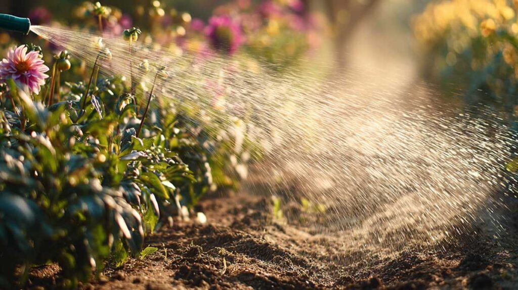 watering plants early morning with hose and soft sunlight